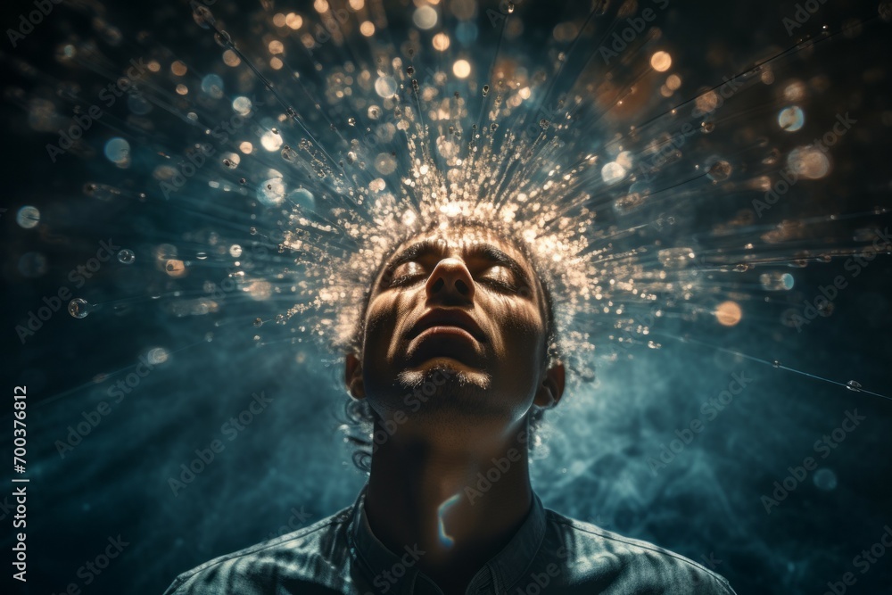 Poster conceptual abstraction of brain neurons. insight concept. portrait with selective focus and copy spa