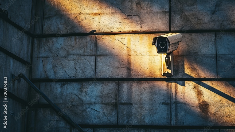 Poster surveillance camera on the wall of the building. monitoring and security. protection of property and