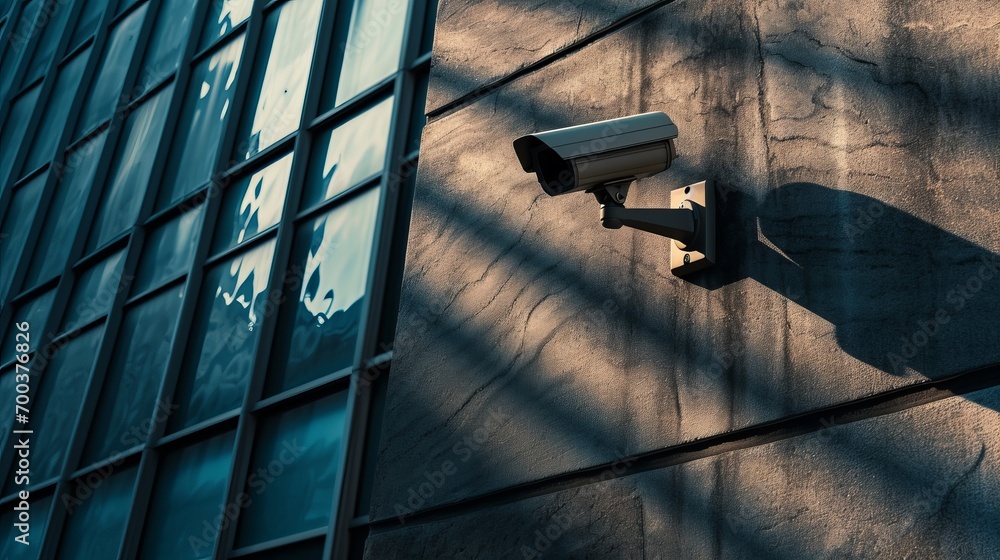 Poster surveillance camera on the wall of the building. monitoring and security. protection of property and