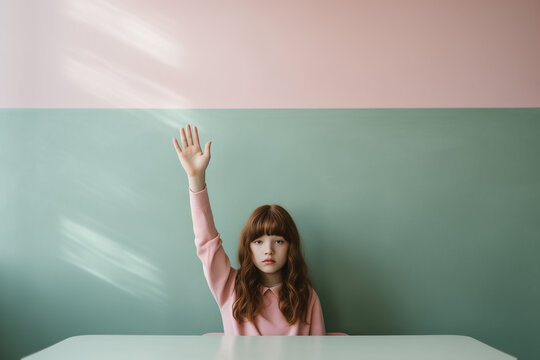 Children  raise their hands  to answer in the classroom. Back To School concept. Minimal composition.Copy space.Generative AI