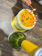 Birthday cake. Cake on the table. Anniversary dessert. Cake with lit candles.