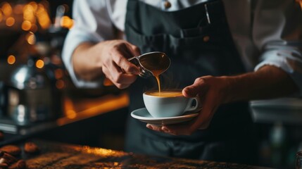 Fototapeta na wymiar A bartender in a black apron prepares a cup of coffee