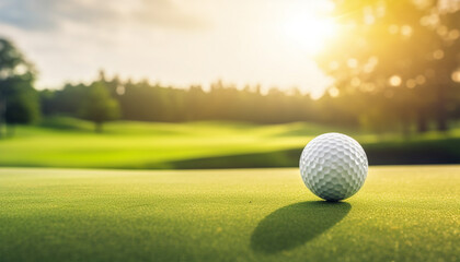 Close up golf ball on green grass field. Generative AI. - obrazy, fototapety, plakaty