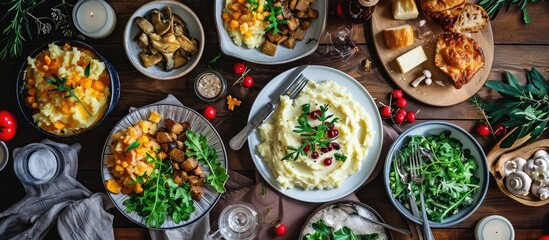 Festive table with baked mashed potatoes, curd cheese, pickled mushrooms. Overhead view.