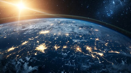 View from space, on the surface of planet Earth. City lights from space