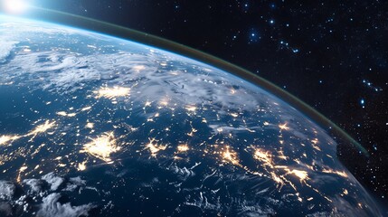 View from space, on the surface of planet Earth. City lights from space