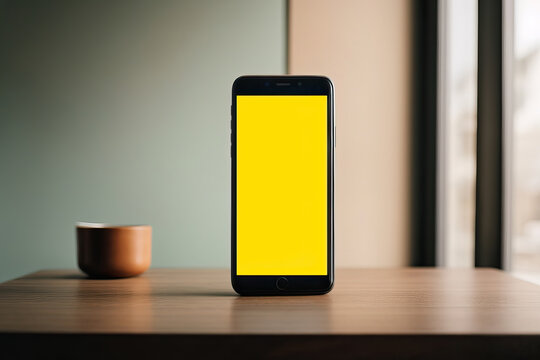 Smartphone mockup image with blank screen on wooden table, suitable for ui ux, website, digital menu concept