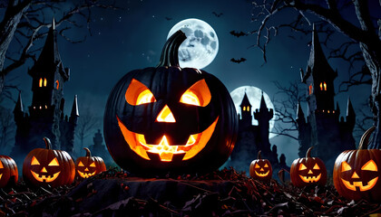 Spooky Halloween Jack O-Lanterns, spooky forest with full moon and haunted castle