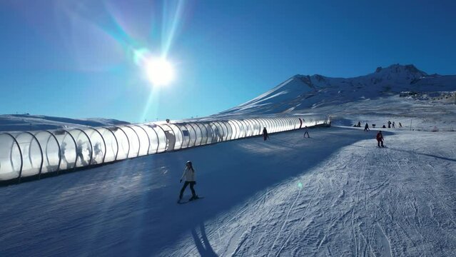 Show of ski athletes in super slow motion