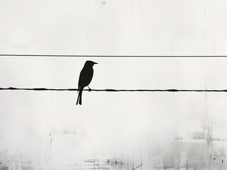A Minimal Illustration Of A Lone Bird On A Wire In A Monochrome Setting