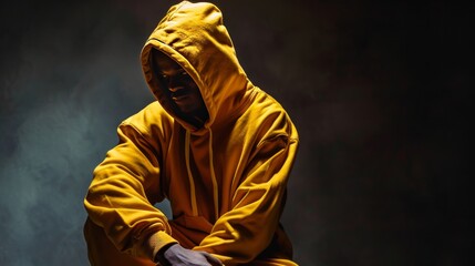 Rapper is wearing a yellow hoodie on a dark background
