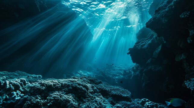Deep blue plains of the ocean depths. Concept of mystery and depth