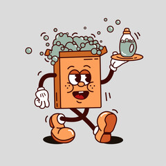 Groovy style washing powder with soap bubbles. In trendy groovy powder retro style. Vintage illustration of washing powder box mascotte. Cleaning concept, detergent for service, advertisement