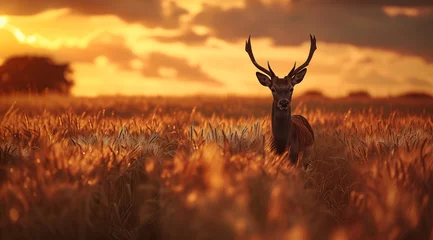 Foto auf Glas a deer stand in a wheat field at sunset © alex