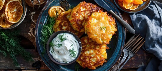 Potato pancakes with garnishes, including sour cream, dill, applesauce, and dried orange slices.