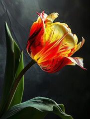 a very colorful and colorful tulip is shown on a dark background