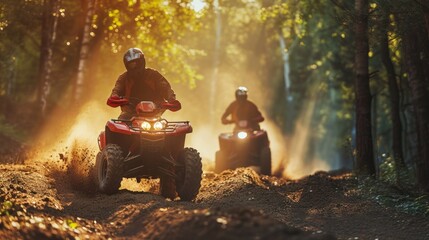 ATV racers take part in speed races in the forest. Concept of the excitement of off-road racing on ATVs in a natural environment - obrazy, fototapety, plakaty