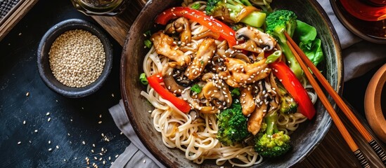 Photo of Chinese vegetable noodles with chicken, mushrooms, broccoli, pepper, lettuce, asparagus, and sesame seeds. - obrazy, fototapety, plakaty