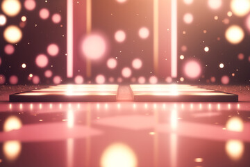Creative pink dance floor stage, empty podium pink golden background with lights and bokeh....