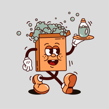 Groovy style washing powder with soap bubbles. In trendy groovy powder retro style. Vintage illustration of washing powder box mascotte. Cleaning concept, detergent for service, advertisement