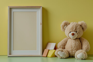 teddy bear and blank frame on a green background