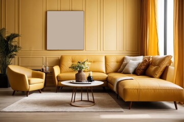 Interior home design of modern living room with abstract golden yellow paper cut full panel walls and one yellow leather sofa