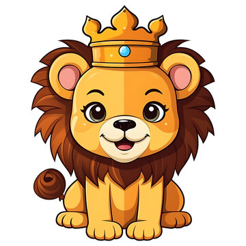 cute lion wearing a crown kids illustration clipart with transparent background