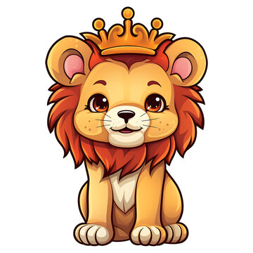 cute lion wearing a crown kids illustration clipart with transparent background