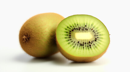 Whole kiwi fruit and half kiwi fruit on white. AI Generative