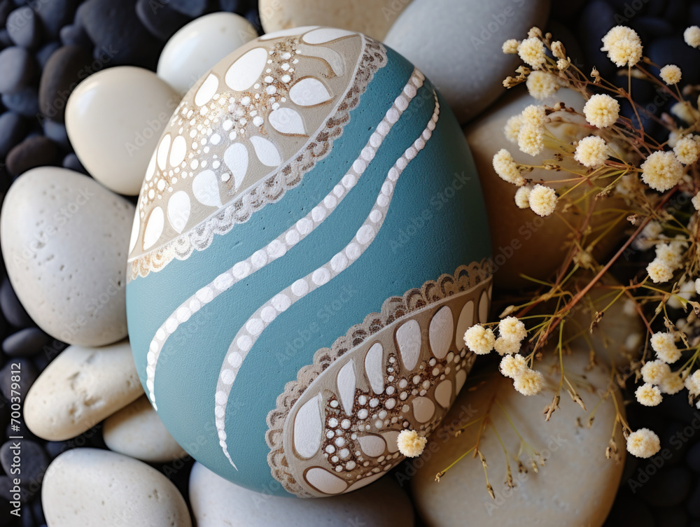 Poster a painted flat pebble with abstract wave patterns and dots on top of a pile of stones.