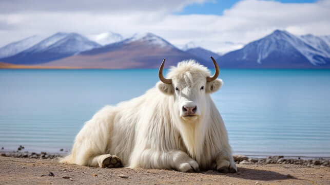 White yak in Namtso lake, Tibet. Namtso is the largest lake in the Autonomous Region. AI Generative