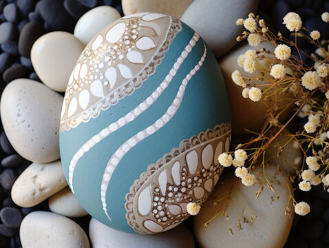 A painted flat pebble with abstract wave patterns and dots on top of a pile of stones.