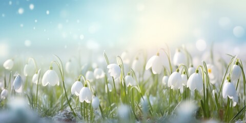 A bunch of snowdrops are in the snow, header, footer, panoramic banner image.
