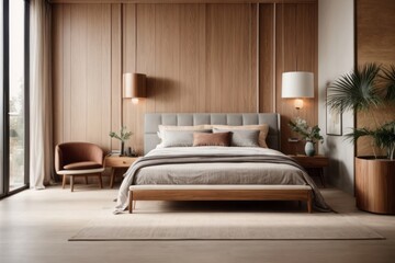 Interior home design of modern bedroom with wooden walls ,accent bedside cabinets and chairs