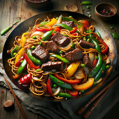 Savory Beef Noodles: Vibrant stir-fried noodle dish with succulent beef slices and crisp vegetables