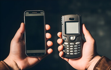 Hand Holding a New Mobile Phone Beside Another Hand Holding an Older Model. Old vs New Technology