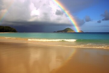 A serene beach beneath a beautiful rainbow with the sea mirroring its vivid colors. Generative AI