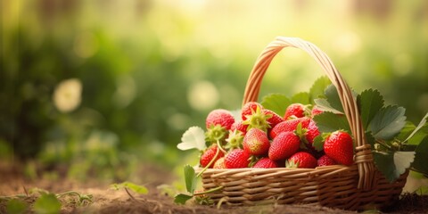 A basket full of strawberries sitting on the ground