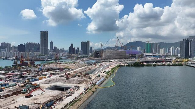 Commercial residential construction development housing project in Kai Tak Sports Park Cruise Terminal Hong Kong , Kwun Tong Kowloon Bay near Victoria harbor, Aerial drone skyview