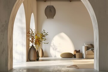 Modern bright minimalist interior blank wall in living room, arches, dry plants in vases. 3d render illustration mock up. generative ai