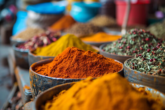 Vibrant Market Bounty Bowls and Bags Bursting with Colorful Spices and Herbs from India, Morocco, Asia, or Mexico