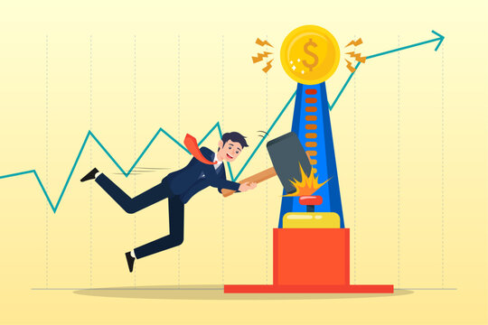 Businessman investor with hammer hit hard on strength tester to reach it top new high graph, investment asset price hit all time high, market rising, stock, crypto currency, gold price rally (Vector)