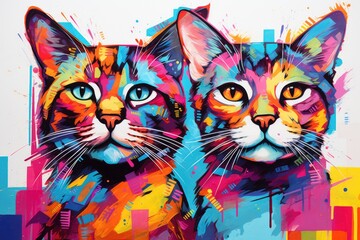 A couple of cats sitting next to each other, colorful pop art image, graffiti style.