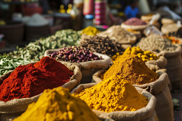 Bags of colorful and exotic spices in markets of Istanbul in Turkey, vibrant and sensory summer travel background, with aromatic spices - obrazy, fototapety, plakaty