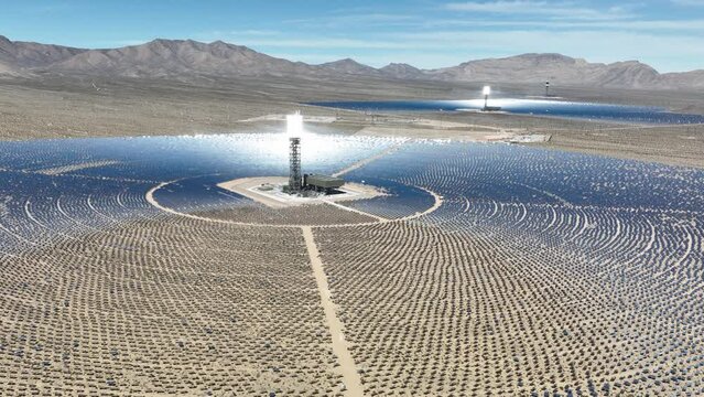 Aerial view of a large solar thermal plant that produces renewable and pollution-free energy.