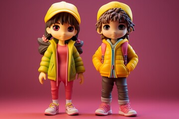 Full body, front view of two 10-year-old children, one in a magenta sweater and the other in a lemon yellow top, both with stylish jeans and funky sneakers, set on a solid silver