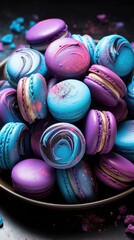 Fototapeta na wymiar A bowl filled with purple and blue macarons, tasty colorful galaxy macarons