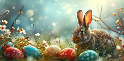 Easter bunny sitting in the grass with Easter eggs on a sunny spring day.