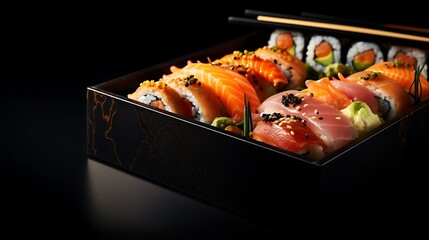 Delicious box of fresh sushi. Assorted rolls and sashimi. A taste of Japan in every bite. Commercial advertisement menu banner with copy space area