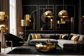 Interior home design of modern living room with luxurious gray sofa, gold pillows, lamps and black wall with gold lines
